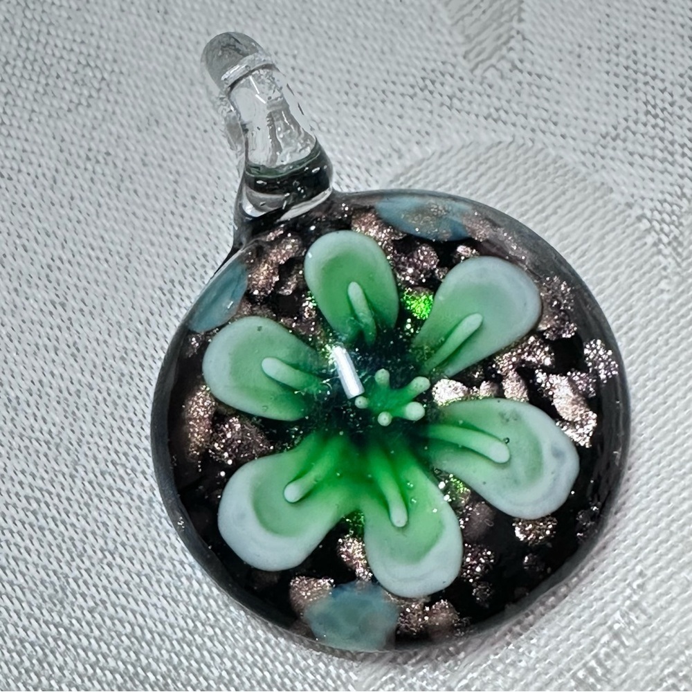 Blown glass handmade Floral Glass Pendant Necklace in Green and White